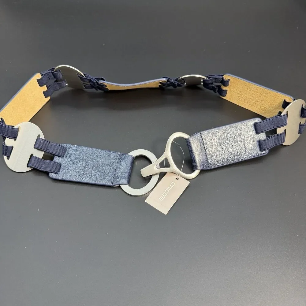 Chico's Women’s Leather and Elastic Expansion Belt Navy Blue Silver Hardware NWT